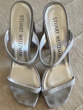 Stuart Weitzman Silver Glitter Fabric Strappy Block Heel Open Toe Slip On